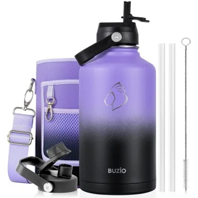 Buzio Duet Series Water Bottle with 2 Lids and Sleeve 1.9L - Purple Black